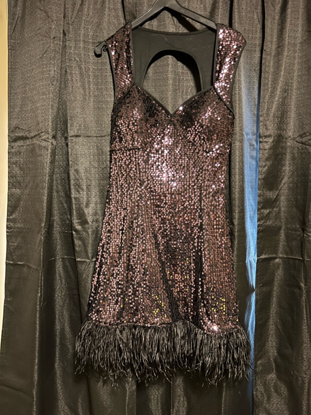 G by Guess Black Sequin Feather Hem Cocktail Dress